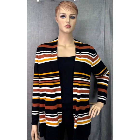 Ruby Rd. Woman Size 1X Open Cardigan Black Brown Yellow Stripe Pockets - Picture 1 of 11